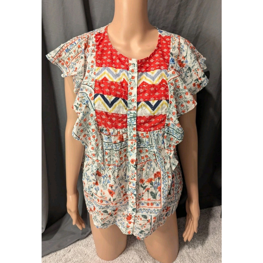 Let Me Be Anthropologie Hobo Floral Dot Textured Small Button Down Shirt Flutter